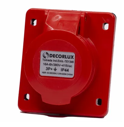 TOMADA INDUSTRIAL EMBUTIR, PLÁSTICO, 16A 380-415V, 3P+T, 6H, IP44, COR VERMELHO - DECORLUX