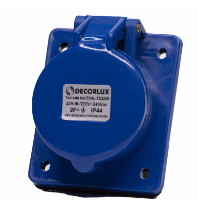 Tomada industrial embutir, plástico, 32A 220-240V, 2P+T, 6H, IP44, cor azul - DECORLUX