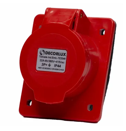 Tomada industrial embutir, plástico, 32A 380-415V, 3P+T, 6H, IP44, cor vermelho - DECORLUX