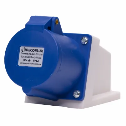 Tomada industrial sobrepor, plástico, 32A 220-240V, 2P+T, 6H, IP44, cor azul - DECORLUX
