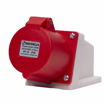 Tomada industrial sobrepor, plástico, 32A 380-415V, 3P+T, 6H, IP44, cor vermelho - DECORLUX
